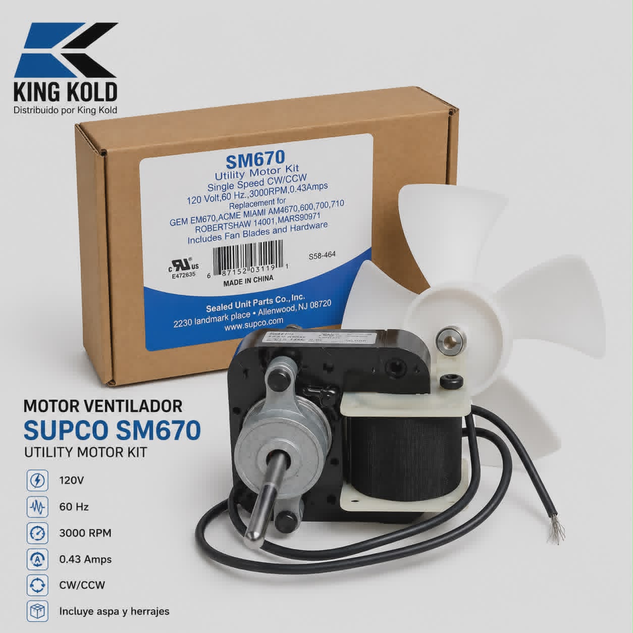 Motor Ventilador Supco SM670 Utility Motor Kit 120V 3000RPM
