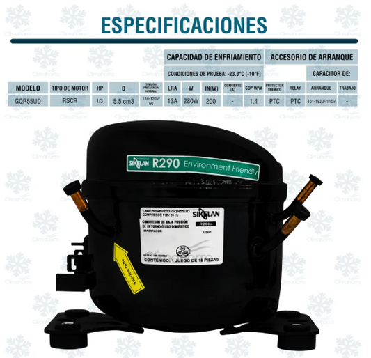 Compresor gas R290a, L/HBP, AC para refrigeración doméstica 1/3 HP GQR55UD