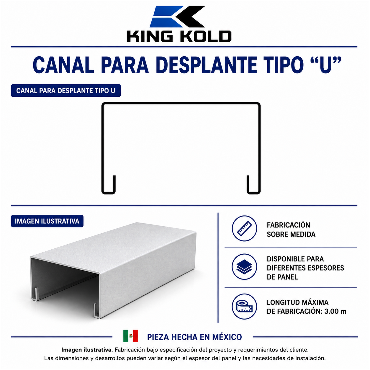 Canal para desplante de muros tipo "U" diseñado para la instalación de paneles aislados en cuartos fríos y cámaras de refrigeración.