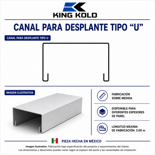 Canal para desplante de muros tipo "U" diseñado para la instalación de paneles aislados en cuartos fríos y cámaras de refrigeración.